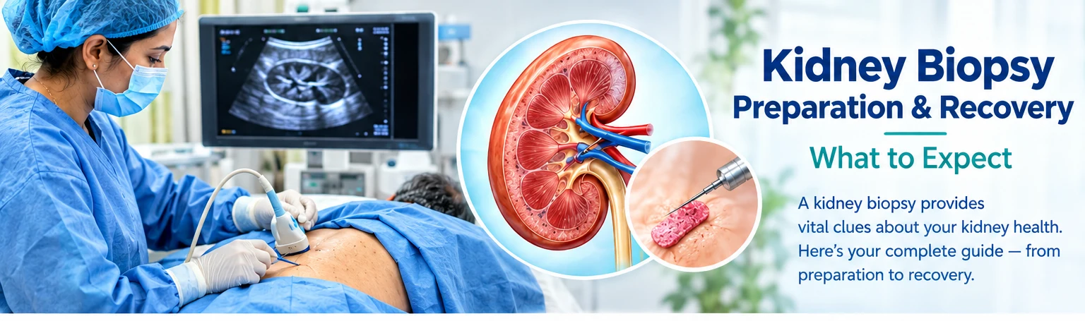 Ultrasound-guided kidney biopsy showing kidney tissue sampling and preparation and recovery steps