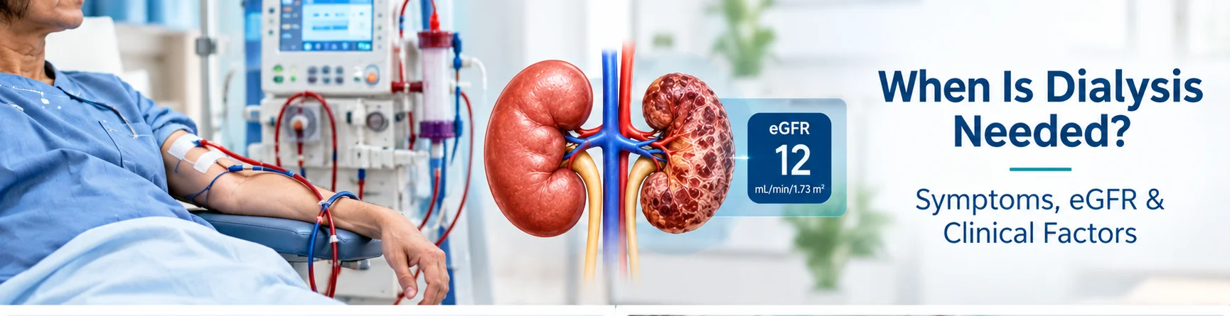 Dialysis treatment with a patient connected to a dialysis machine and kidneys showing low eGFR