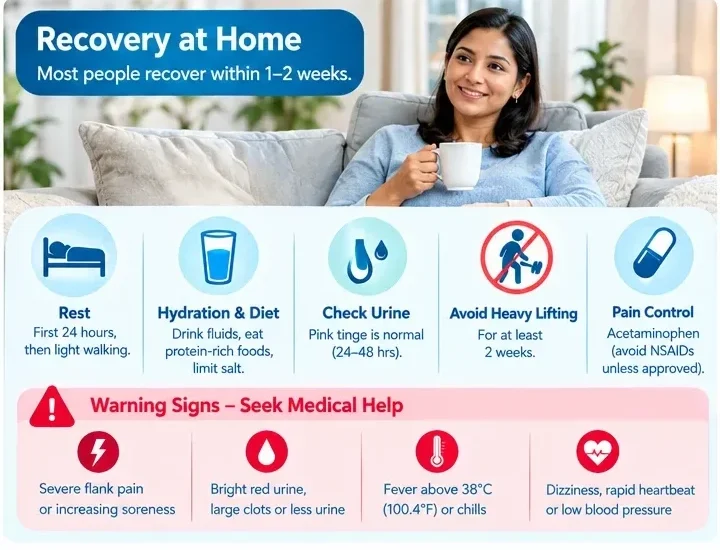 Kidney biopsy recovery at home with rest, hydration, urine monitoring and warning signs