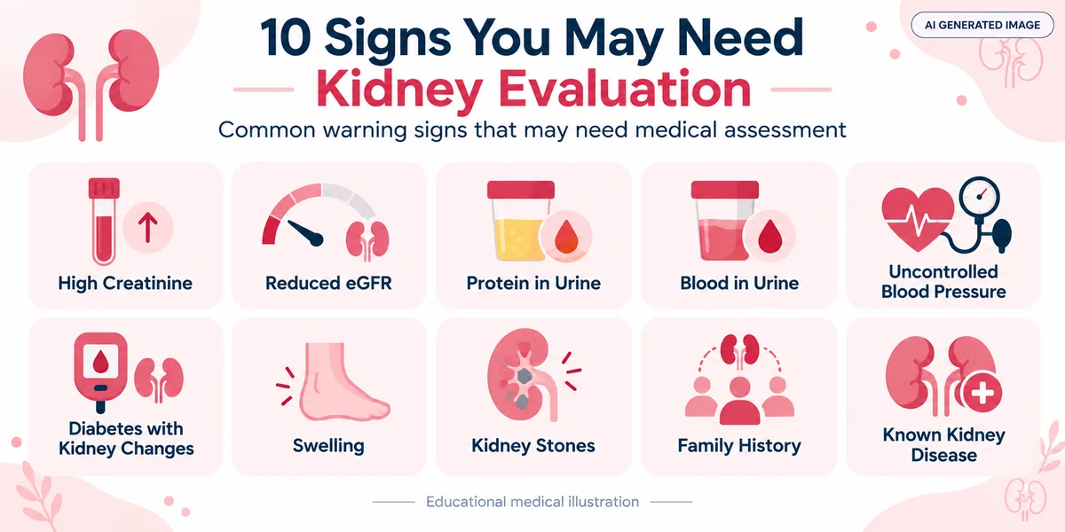 Educational medical infographic illustrating ten reasons for kidney evaluation, including abnormal kidney tests, diabetes, uncontrolled blood pressure, swelling, kidney stones and family history.