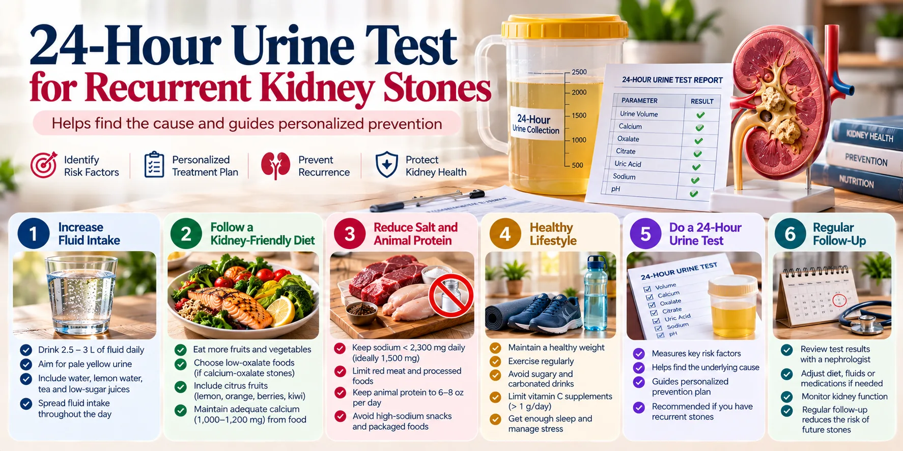 24-hour urine test for recurrent kidney stones showing urine collection, risk factors and prevention steps