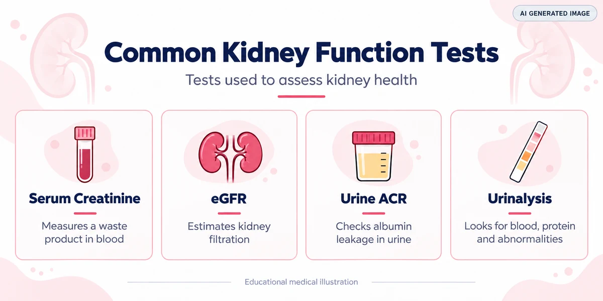 AI-generated medical infographic explaining serum creatinine, eGFR, urine ACR and urinalysis tests used to assess kidney function.