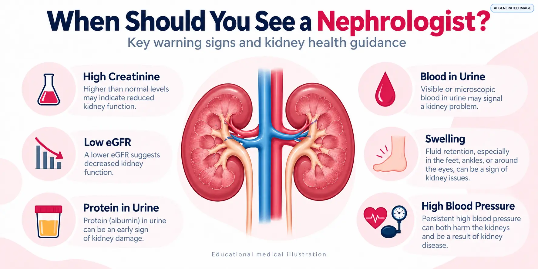 AI-generated medical infographic explaining serum creatinine, eGFR, urine ACR and urinalysis tests used to assess kidney function. Copy