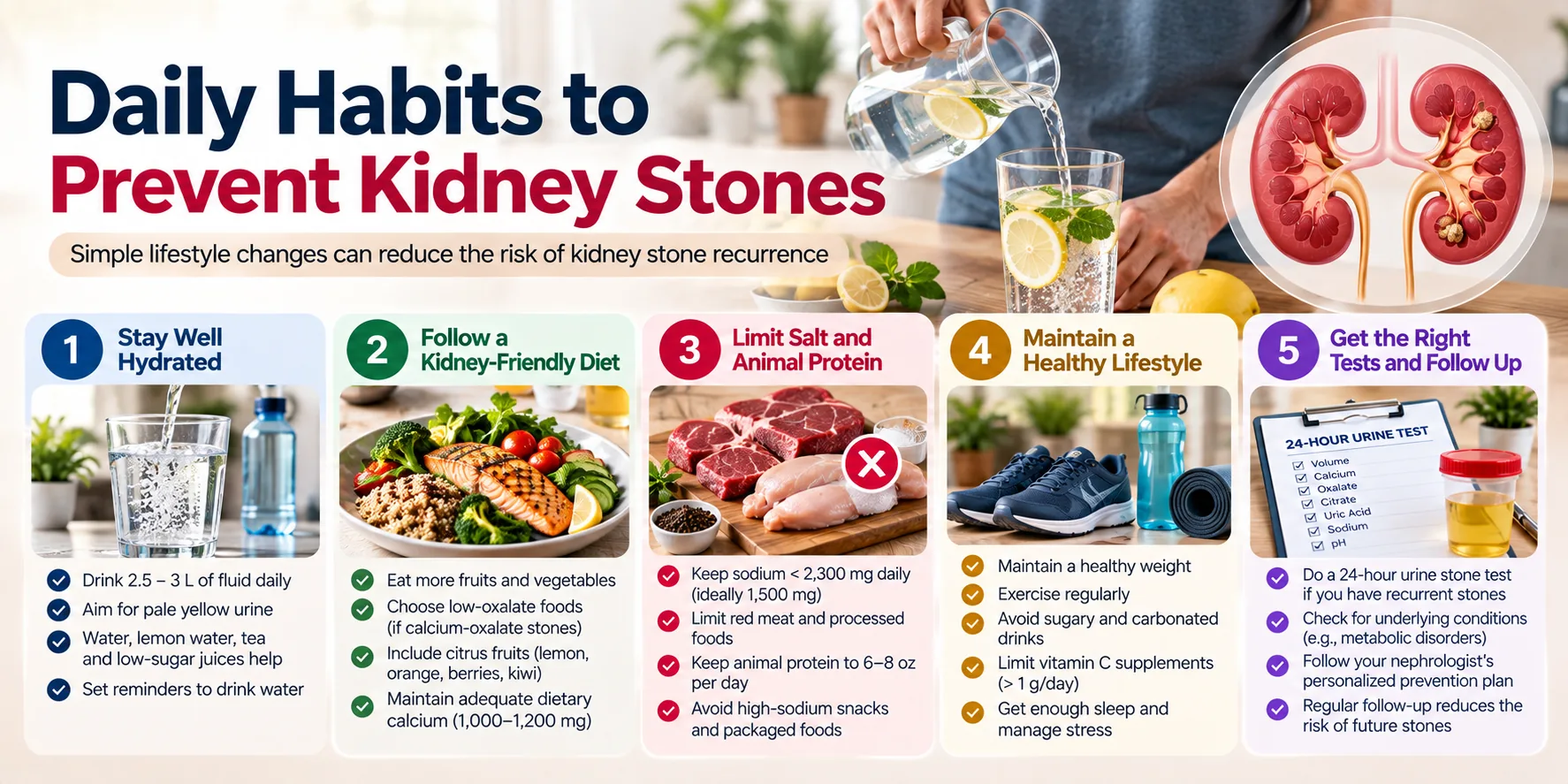 Daily habits to prevent kidney stones including hydration, healthy diet, reduced salt and regular follow-up