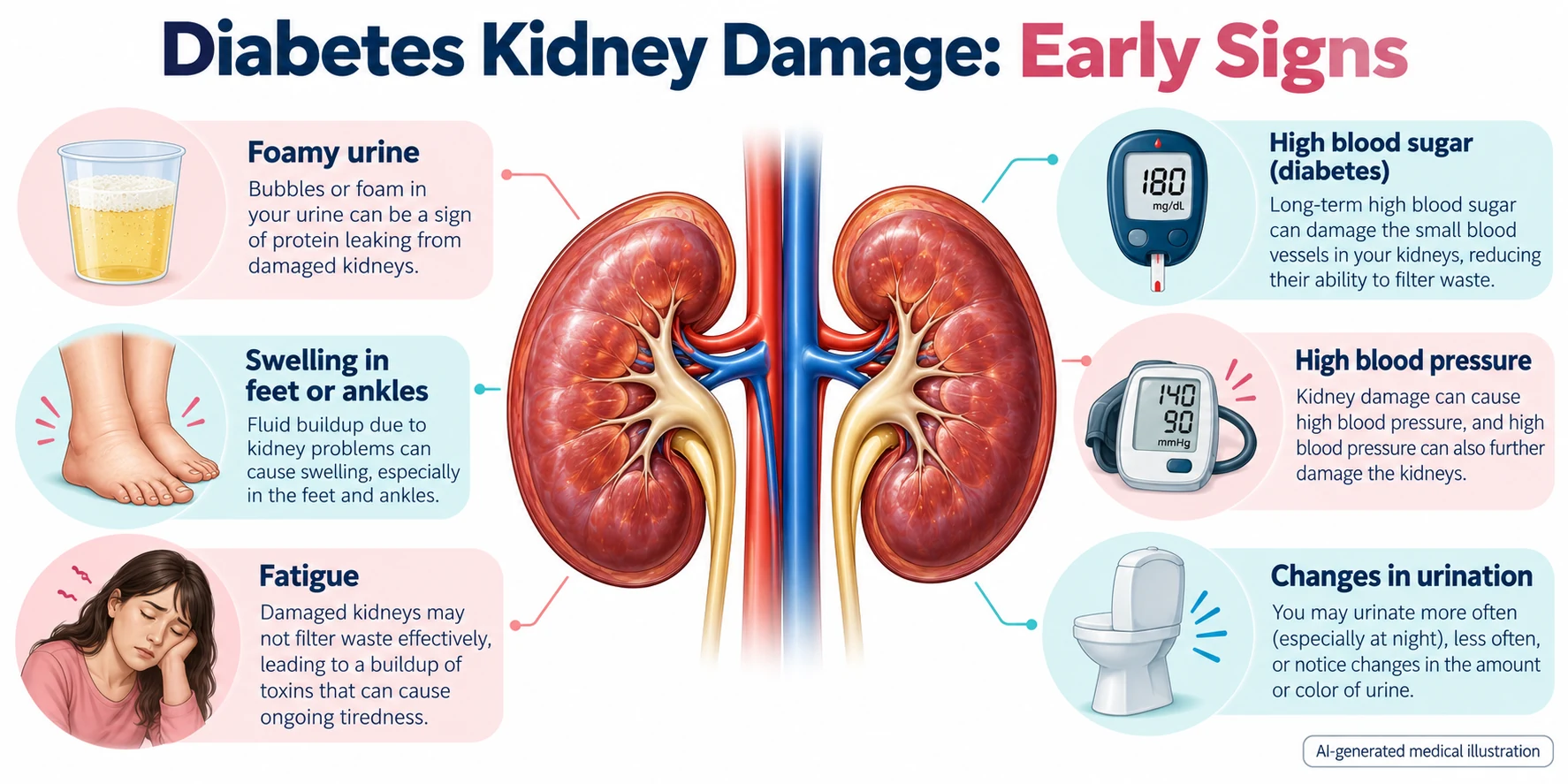 AI-generated medical illustration showing possible signs of diabetic kidney disease, including foamy urine, swelling, fatigue, high blood pressure and changes in urination.