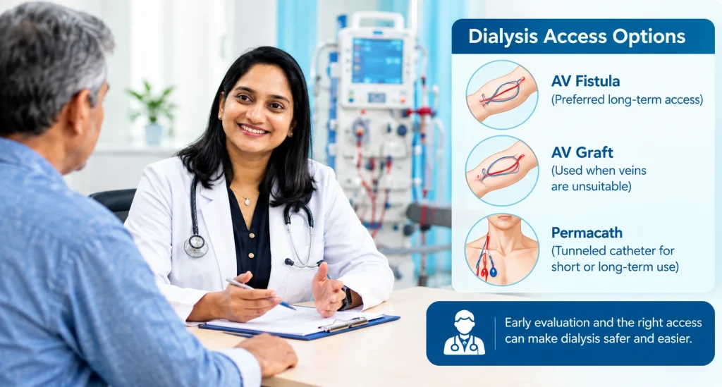 Nephrologist discussing dialysis with a patient and explaining AV fistula, AV graft, and Permacath dialysis access options