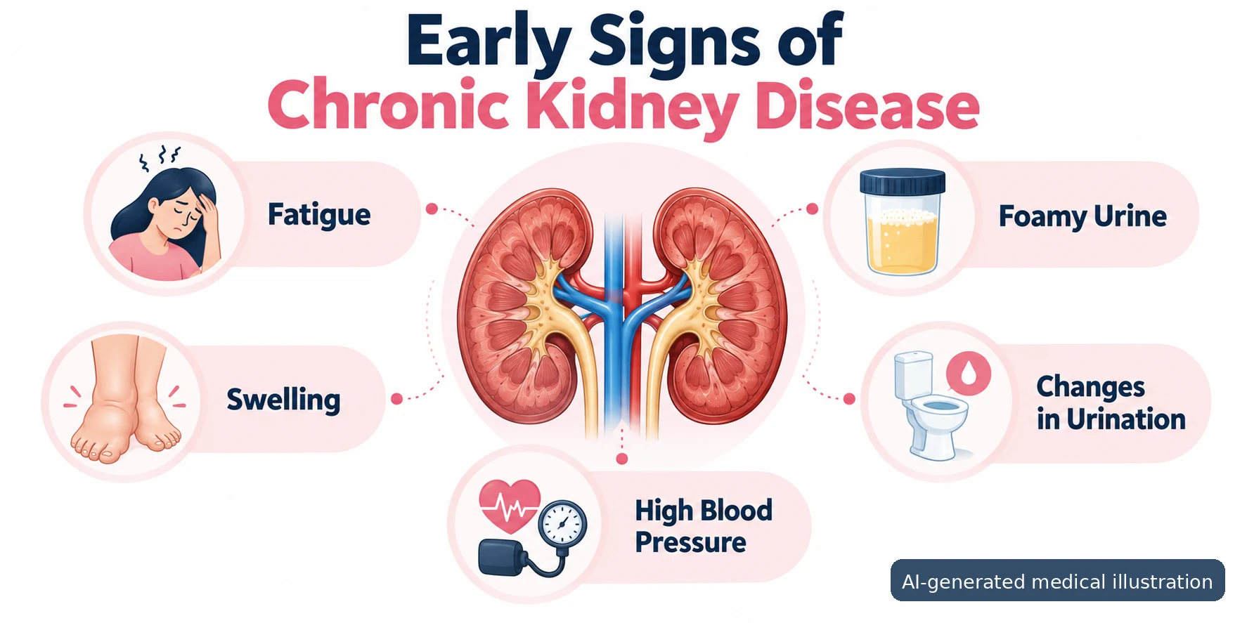 AI-generated medical illustration showing possible signs of chronic kidney disease, including fatigue, swelling, foamy urine, changes in urination and high blood pressure.