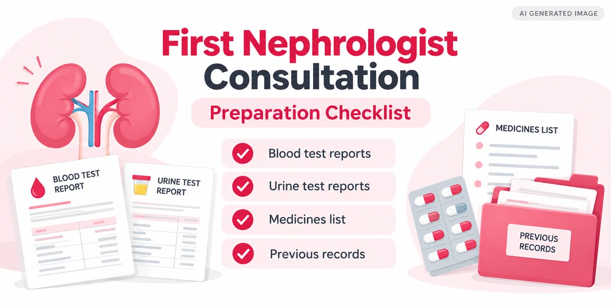 AI-generated educational infographic showing a first nephrologist consultation checklist, including blood test reports, urine tests, medication lists and previous medical records.