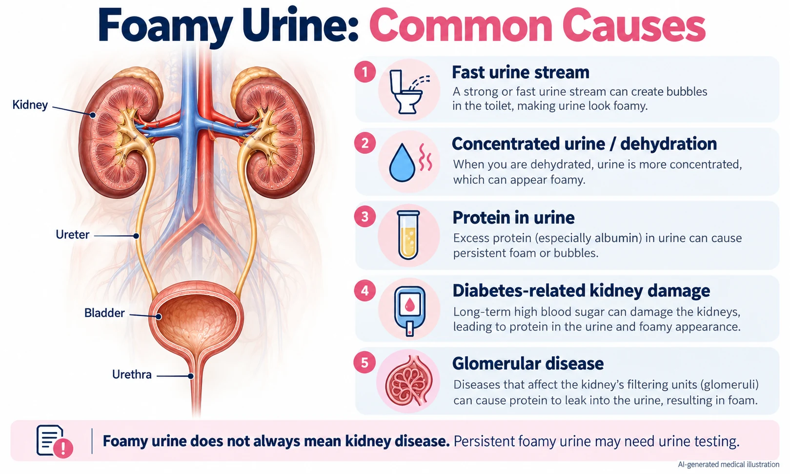 AI-generated medical infographic showing common causes of foamy urine, including fast urine flow, concentrated urine, proteinuria, diabetes-related kidney damage and glomerular disease.