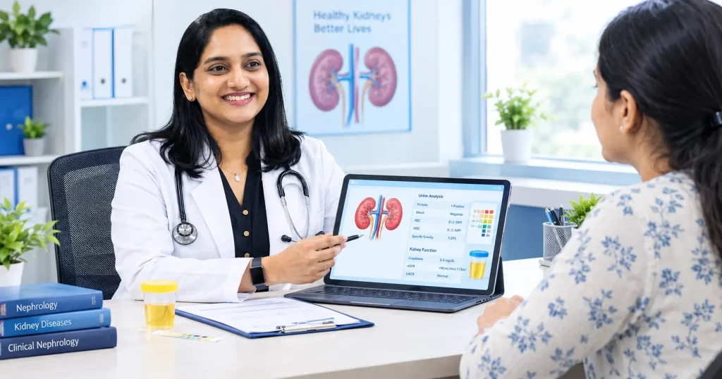 Nephrologist discussing foamy urine and kidney test results with a patient