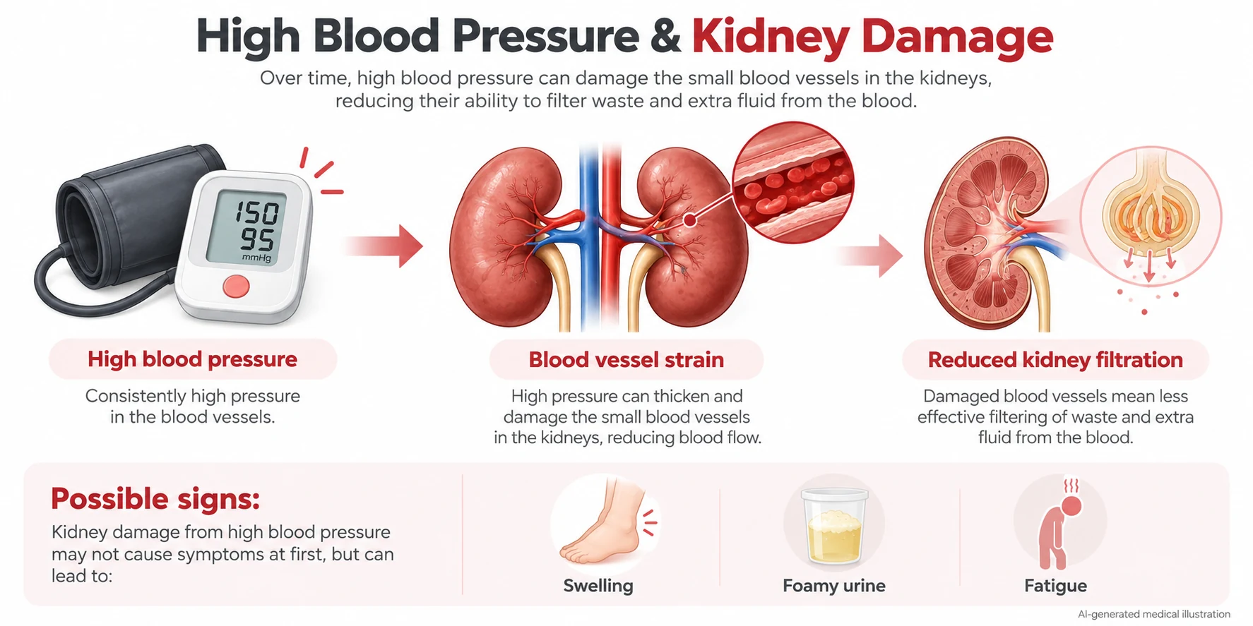 AI-generated medical infographic explaining how high blood pressure can damage kidney blood vessels, reduce kidney filtration and cause possible symptoms such as swelling, foamy urine and fatigue.