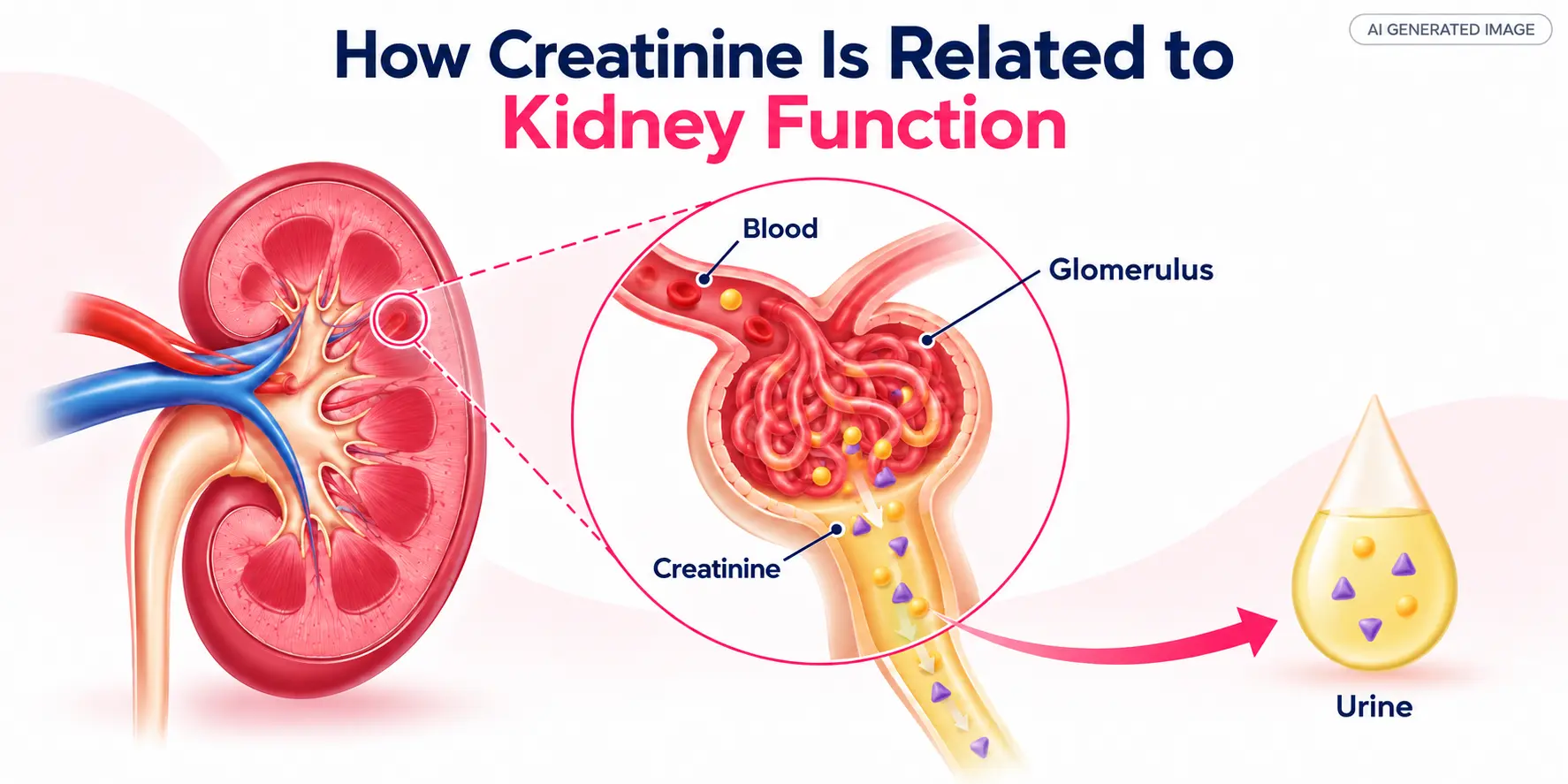 AI-generated anatomical illustration showing the kidney, glomerulus and filtration of creatinine from blood into urine. Copy
