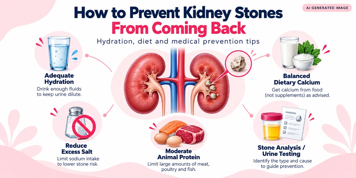 Educational infographic showing kidney stone prevention measures, including adequate hydration, reduced salt intake, balanced dietary calcium, moderate animal protein and urine testing.