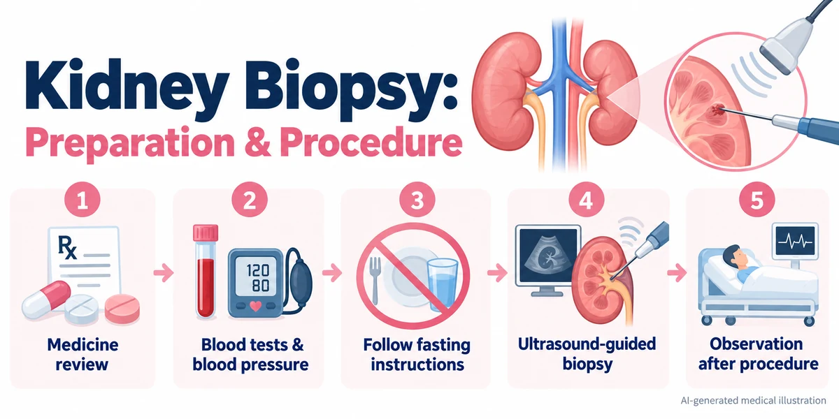 AI-generated medical infographic explaining kidney biopsy preparation, including medicine review, blood tests, blood pressure assessment, fasting instructions, ultrasound-guided biopsy and observation afterward.