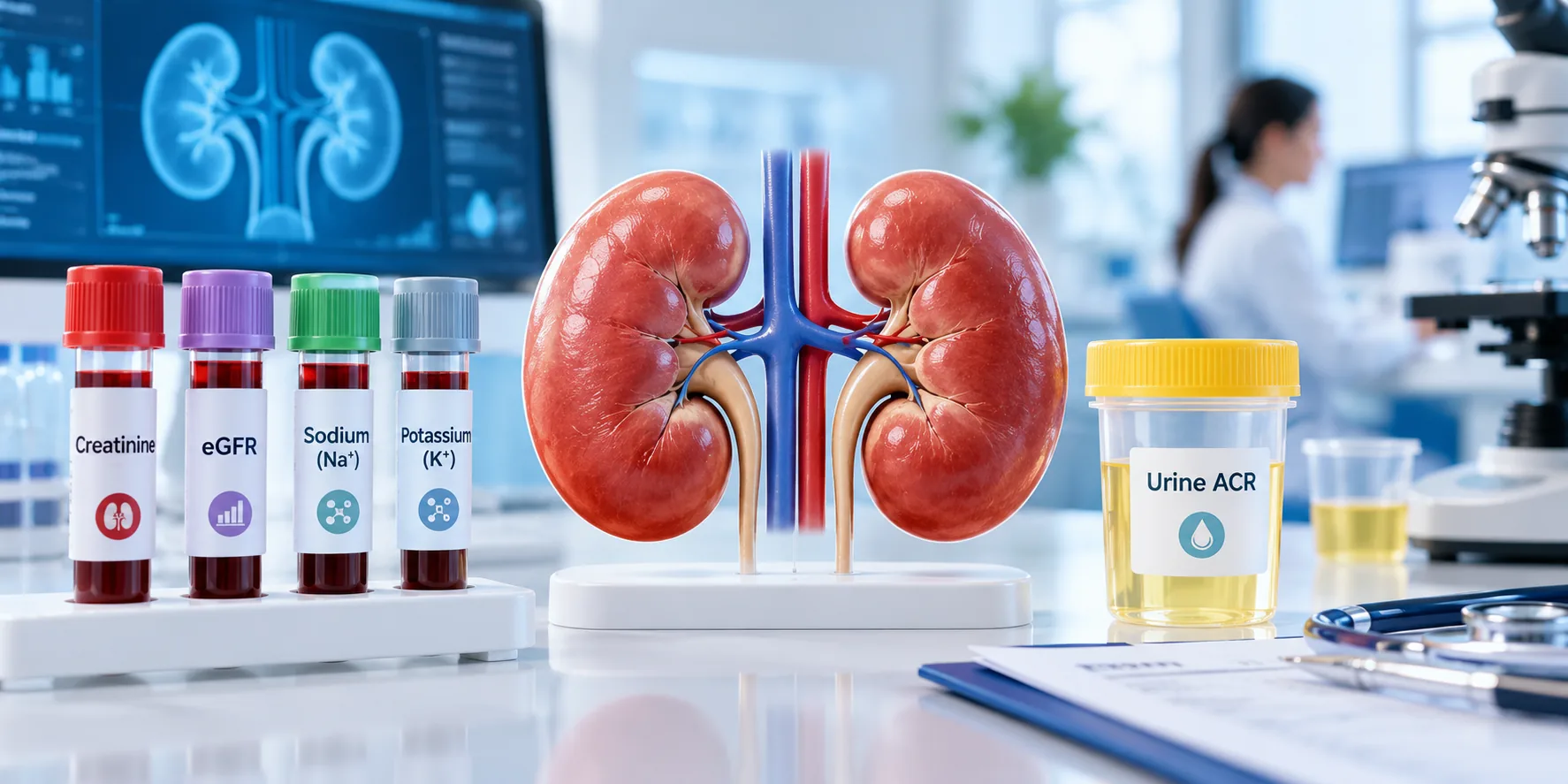 Kidney function tests showing creatinine, eGFR, urine ACR, sodium and potassium laboratory testing.