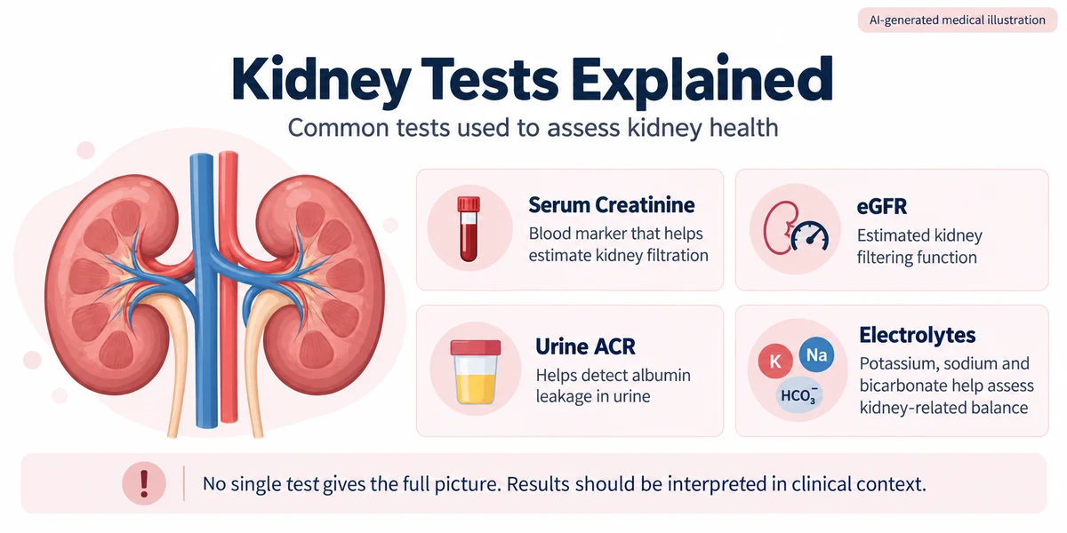 AI-generated medical infographic illustrating serum creatinine, eGFR, urine ACR and electrolyte tests used to assess kidney health and kidney filtration.
