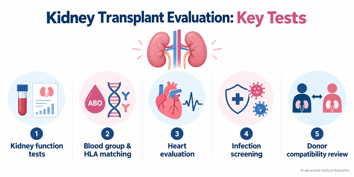 AI-generated medical infographic showing five key kidney transplant evaluation assessments: kidney function tests, blood group and HLA matching, heart evaluation, infection screening and donor compatibility review.