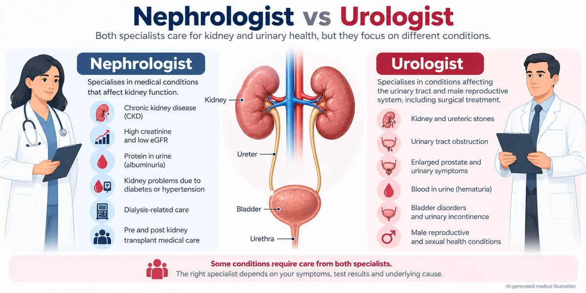 AI-generated medical infographic comparing nephrologists and urologists, showing kidney disease, high creatinine, dialysis care, kidney stones, urinary obstruction and bladder disorders.