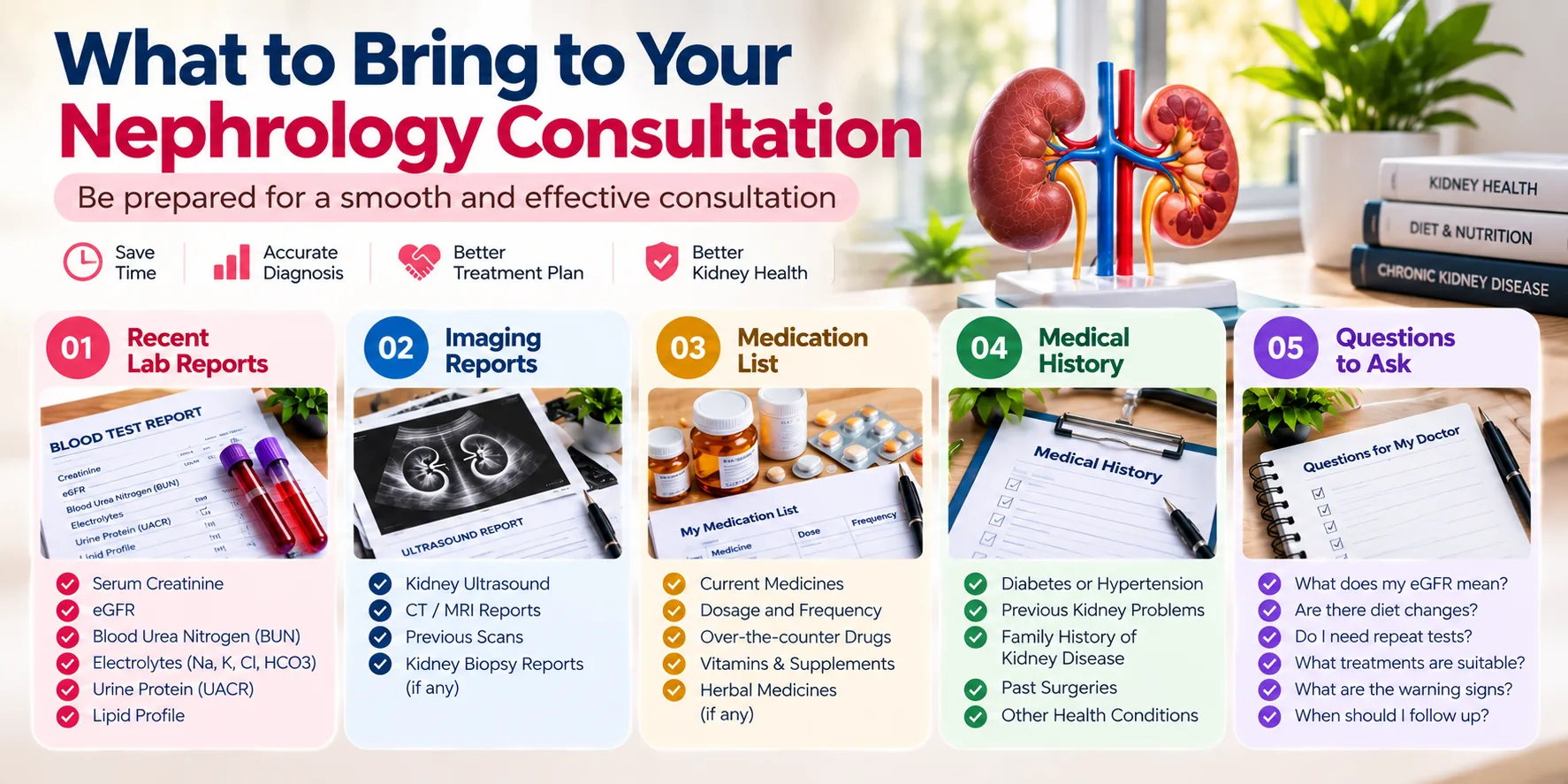 What to bring to a nephrology consultation including kidney test reports, imaging, medications and medical history