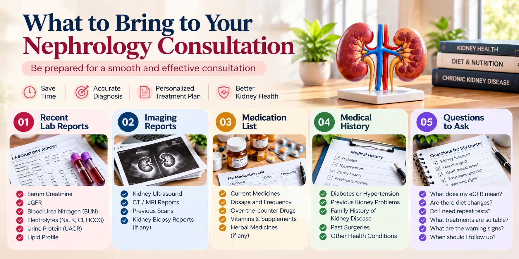 What to bring to a nephrology consultation including kidney test reports, imaging, medications and medical history