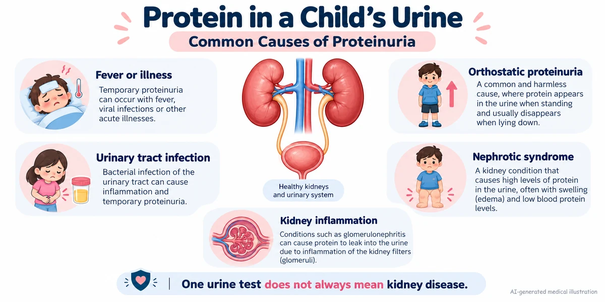 I-generated educational infographic showing possible causes of proteinuria in children, including fever, urinary tract infection, orthostatic proteinuria, nephrotic syndrome and kidney inflammation.