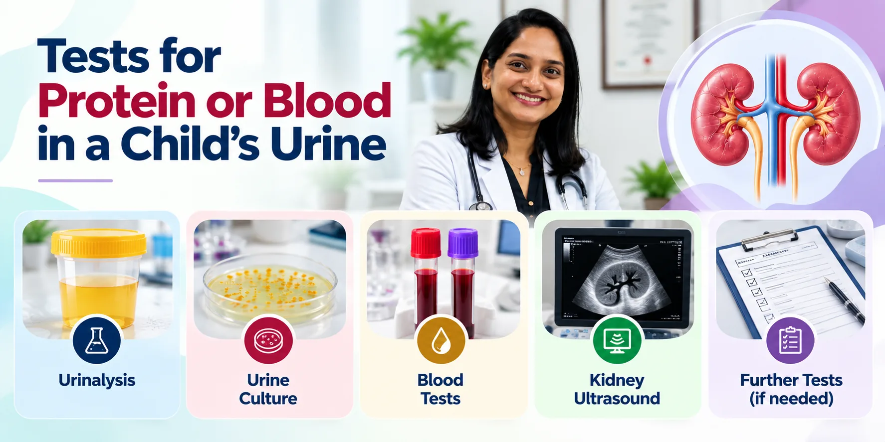 1. Tests for protein or blood in a child's urine including urinalysis, blood tests and kidney ultrasound
