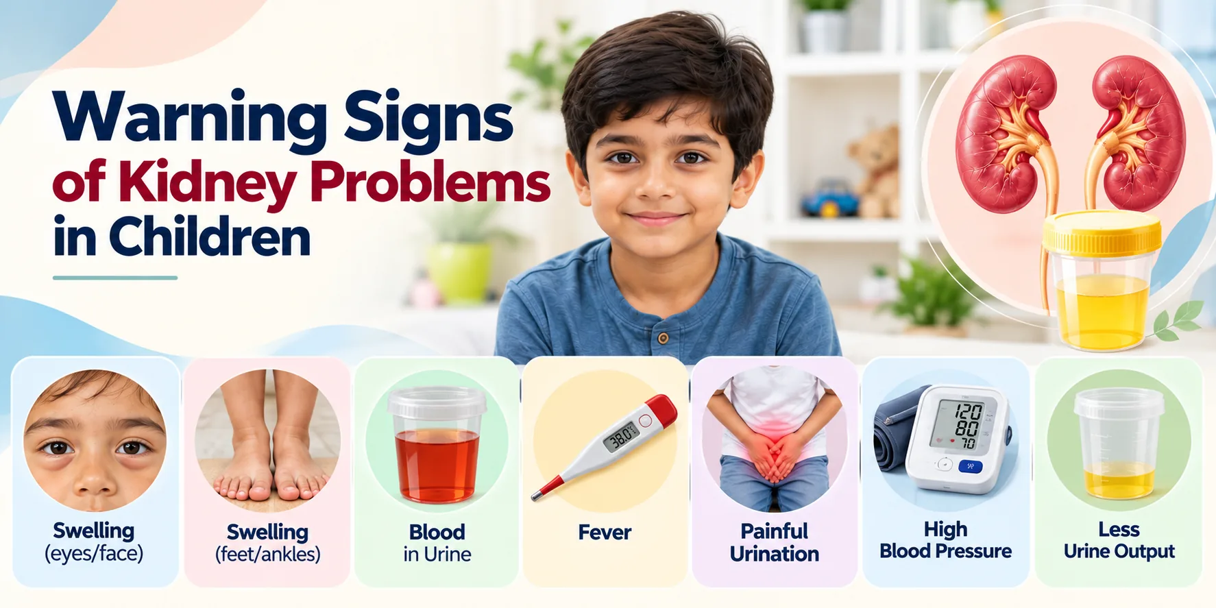 Warning signs of kidney problems in children including swelling, blood in urine, fever and high blood pressure