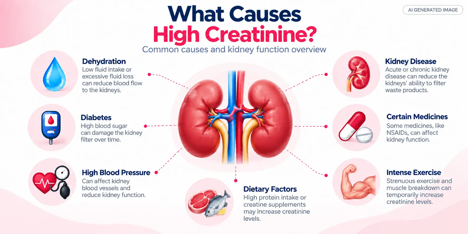 ducational infographic showing causes of high creatinine, including dehydration, diabetes, high blood pressure, kidney disease, certain medicines and intense exercise. Copy