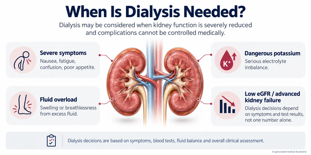 AI-generated medical infographic explaining when dialysis may be needed, including severe kidney failure symptoms, fluid overload, dangerous potassium levels and reduced eGFR.