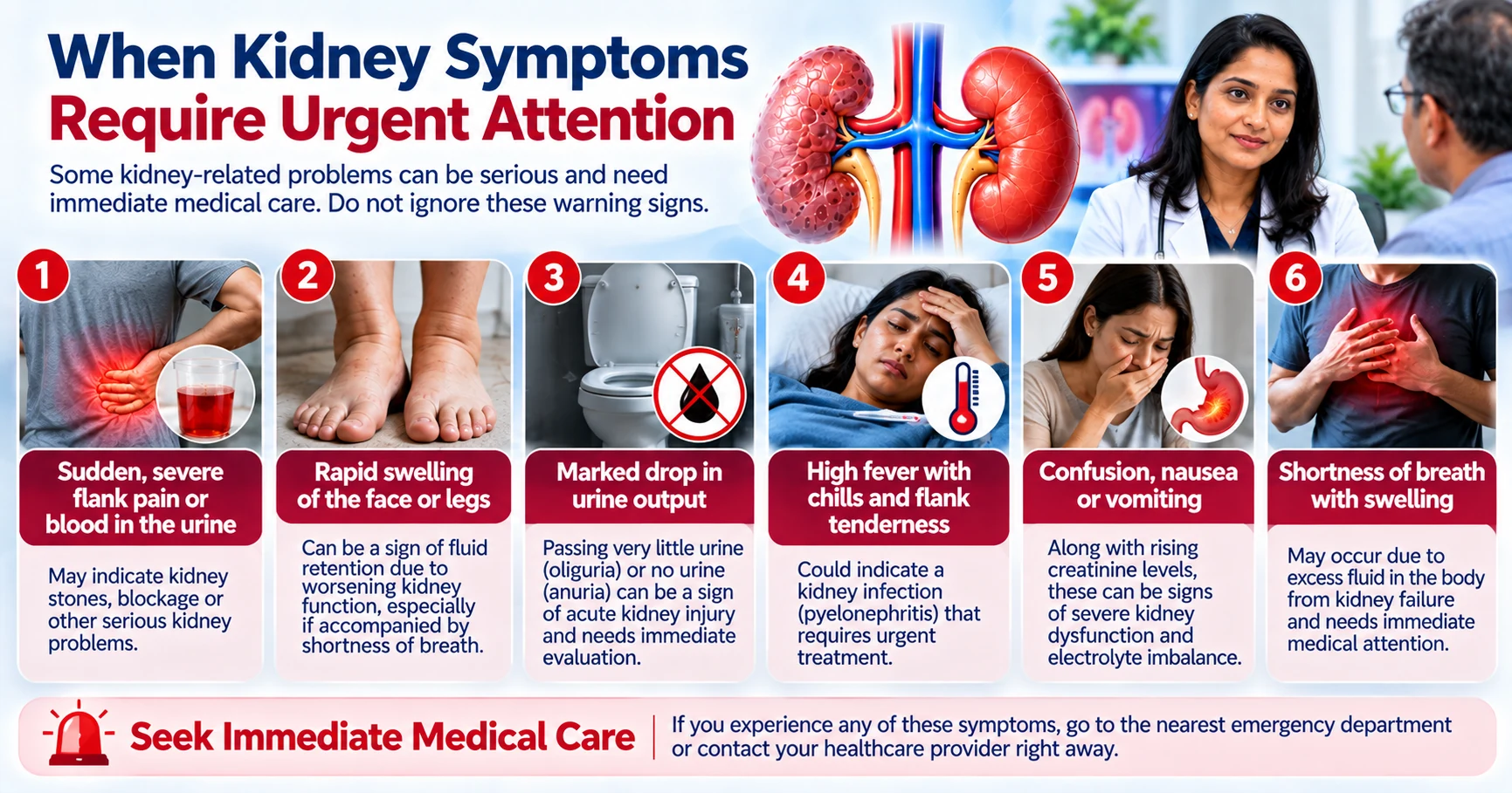 Kidney warning signs that require urgent medical attention including pain, swelling, fever, low urine output and breathlessness