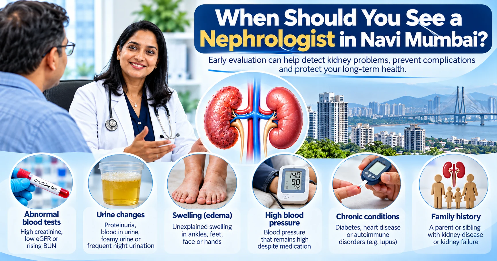 When to see a nephrologist in Navi Mumbai for abnormal kidney tests, urine changes, swelling, high blood pressure and chronic conditions