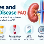 AI-generated medical infographic explaining diabetes and kidney disease FAQs, including blood sugar, urine ACR, serum creatinine, eGFR, blood pressure and swelling related to kidney health.