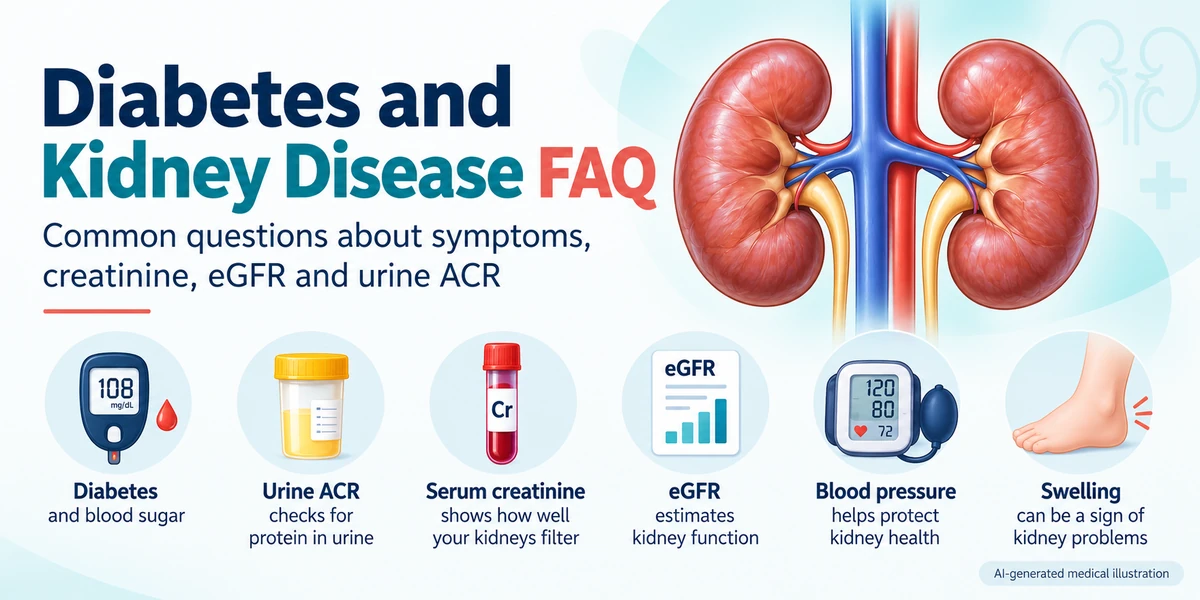 AI-generated medical infographic explaining diabetes and kidney disease FAQs, including blood sugar, urine ACR, serum creatinine, eGFR, blood pressure and swelling related to kidney health.