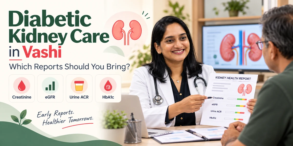Dr. Jyoti Bansode discussing diabetic kidney care in Vashi with a patient, explaining creatinine, eGFR, urine ACR and HbA1c reports.