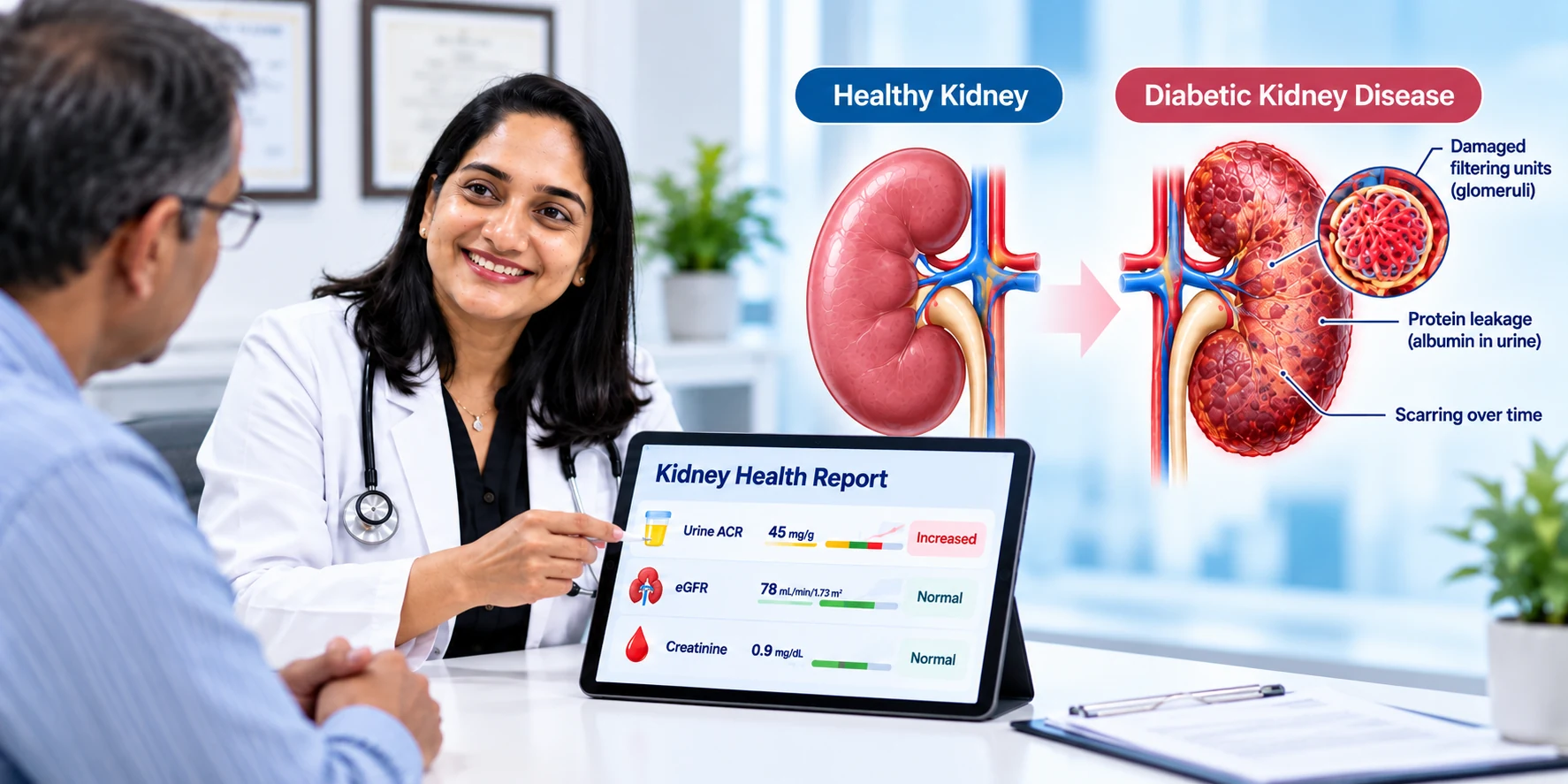 Dr. Jyoti Bansode explaining diabetic kidney disease with urine ACR, eGFR and creatinine kidney test results