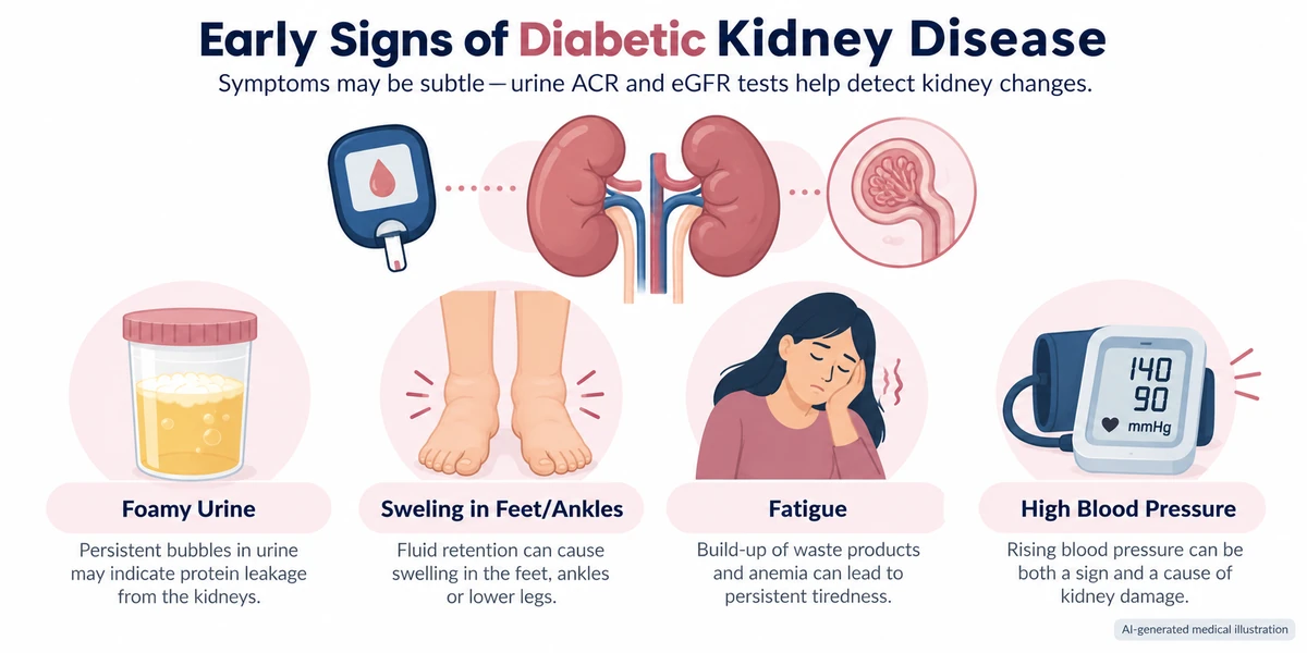 AI-generated medical infographic showing possible signs of diabetic kidney disease, including foamy urine, swelling in the feet and ankles, fatigue and high blood pressure.