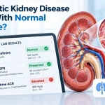 Diabetic kidney disease with normal creatinine showing preserved eGFR, elevated urine ACR and early albumin leakage from the glomerulus