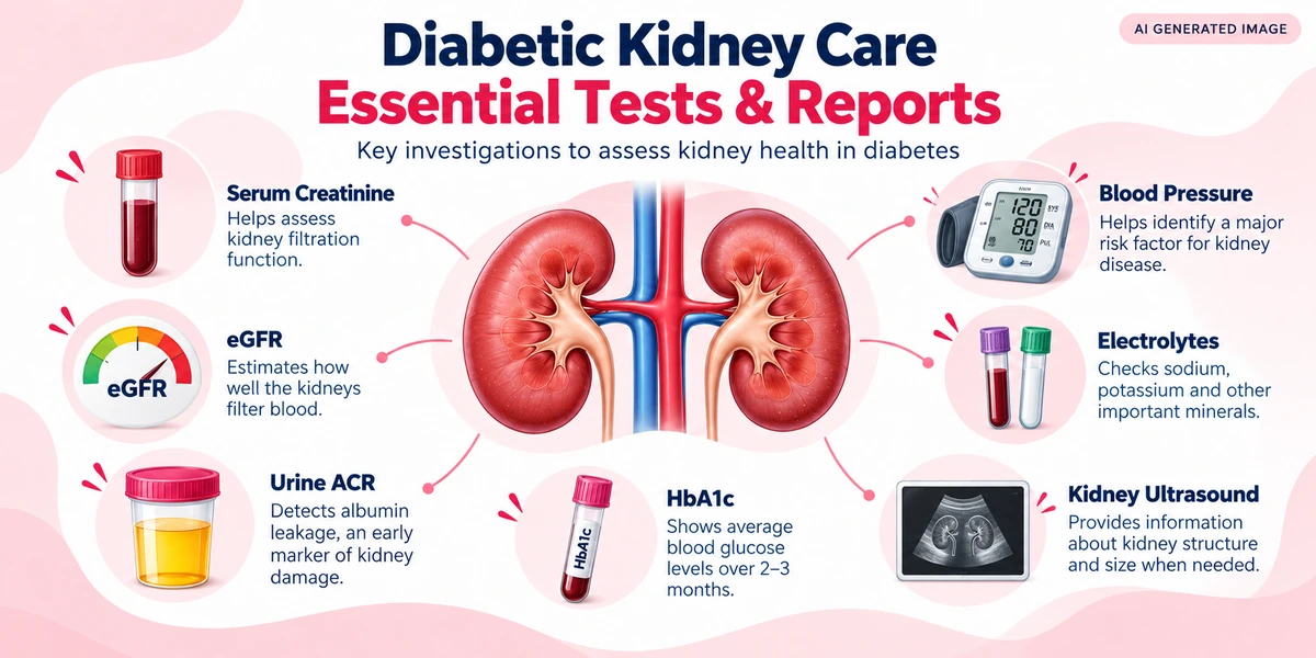 AI-generated medical infographic illustrating how serum creatinine, eGFR, urine ACR, HbA1c, blood pressure, electrolytes and kidney ultrasound help assess kidney health in people with diabetes.
