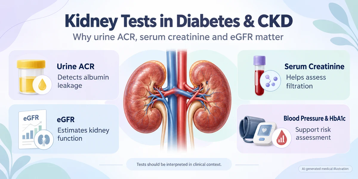 AI-generated educational medical infographic illustrating urine ACR, serum creatinine, eGFR, blood pressure and HbA1c measurements used to assess kidney health in people with diabetes and chronic kidney disease.