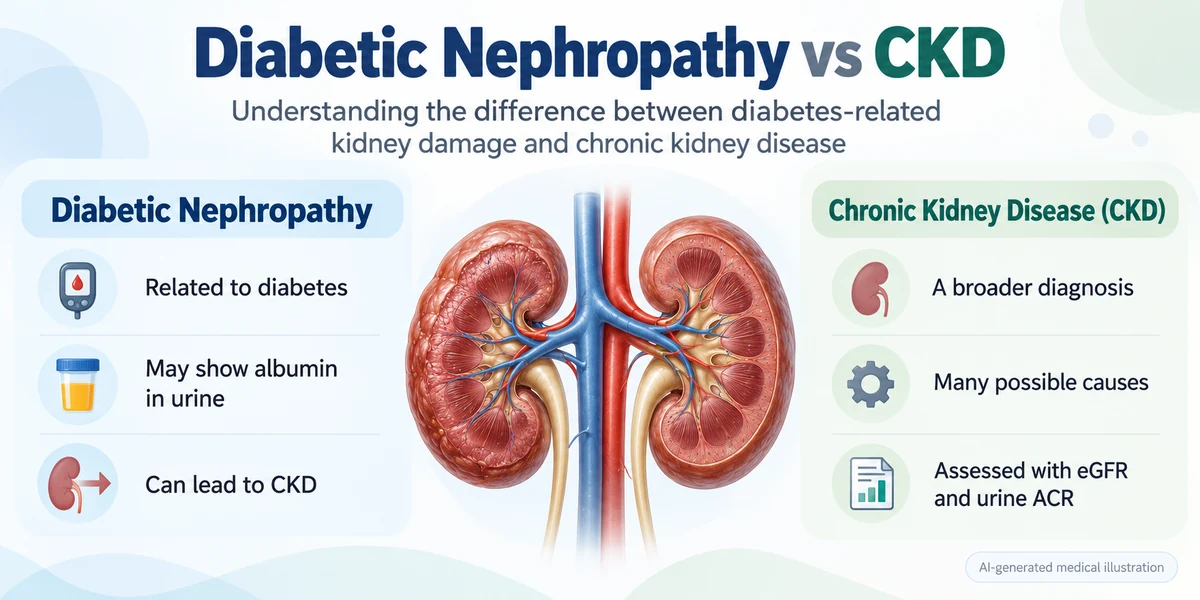 : AI-generated medical infographic comparing diabetic nephropathy and chronic kidney disease, explaining diabetes-related kidney damage, albuminuria, possible CKD causes and kidney function assessment.