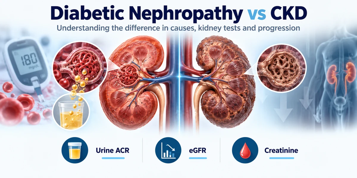 Medical illustration comparing diabetic nephropathy and chronic kidney disease, showing kidney damage, glomerular changes and important kidney tests.