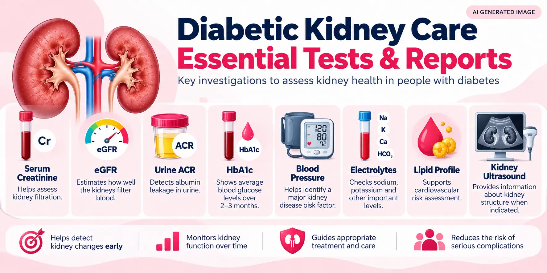 AI-generated educational infographic showing diabetic kidney care tests, including serum creatinine, eGFR, urine ACR, HbA1c, blood pressure, electrolytes, lipid profile and kidney ultrasound.