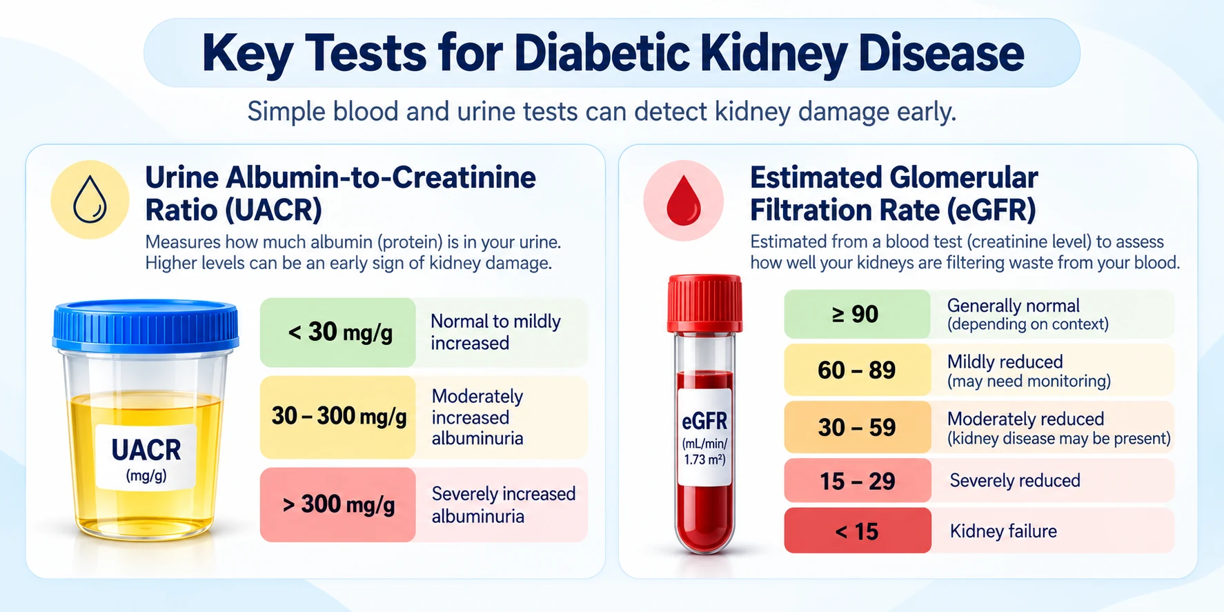 Urine ACR and eGFR test ranges used to detect and monitor diabetic kidney disease