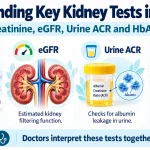 Medical infographic about diabetes and kidney disease explaining serum creatinine, eGFR, urine ACR and swelling, with kidney illustrations and blood and urine testing visuals.
