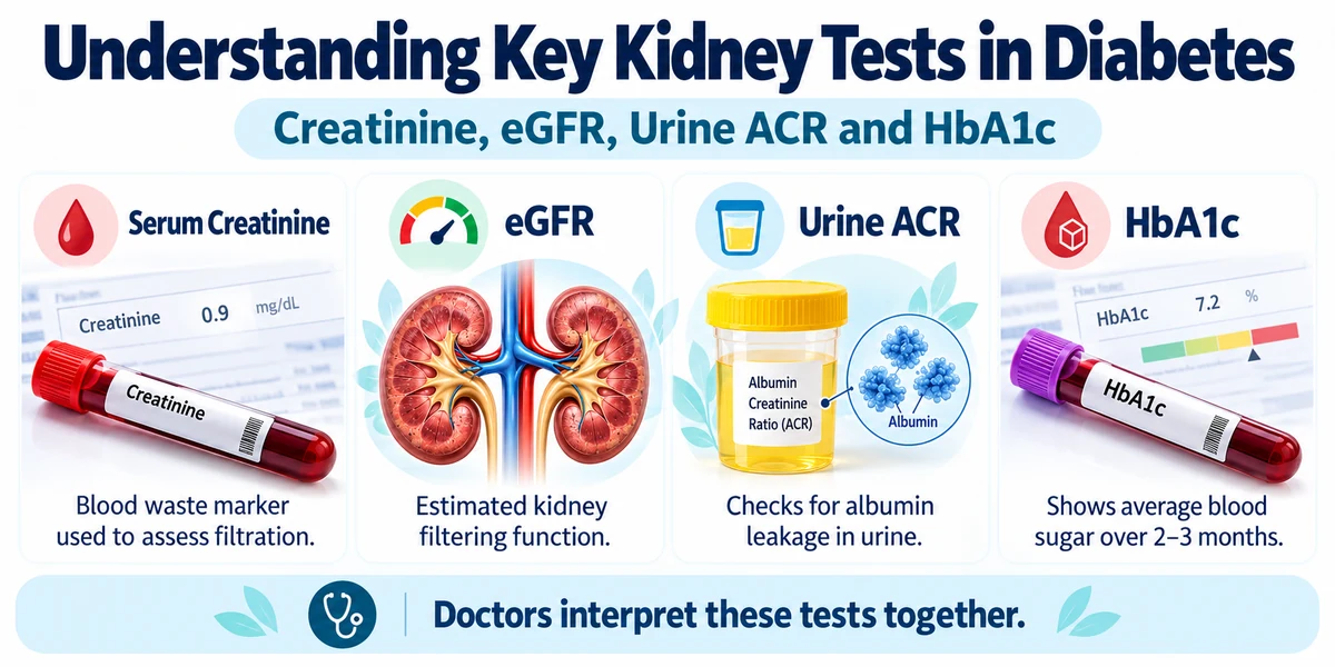 Medical infographic about diabetes and kidney disease explaining serum creatinine, eGFR, urine ACR and swelling, with kidney illustrations and blood and urine testing visuals.