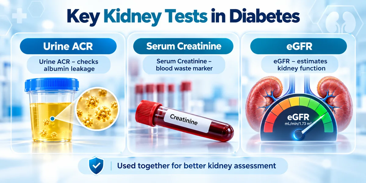 Infographic illustrating urine ACR, serum creatinine and eGFR tests used to assess kidney health in people with diabetes.
