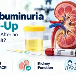Medical illustration showing microalbuminuria follow-up after an abnormal urine ACR result, including kidney filtration, repeat urine testing and kidney function assessment.