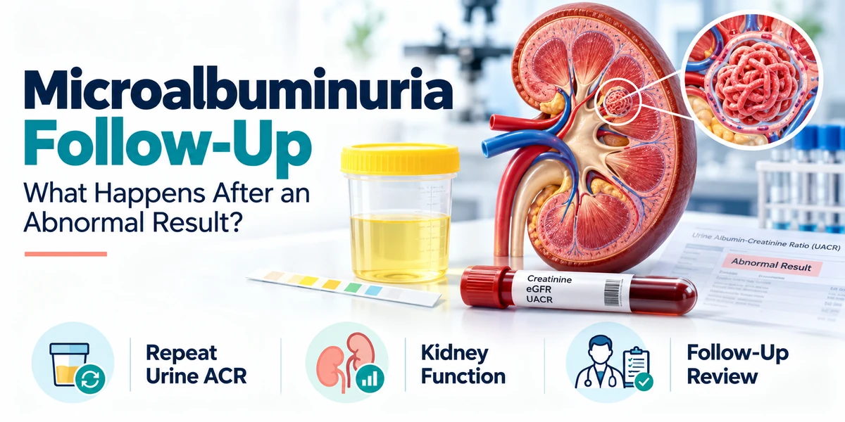 Medical illustration showing microalbuminuria follow-up after an abnormal urine ACR result, including kidney filtration, repeat urine testing and kidney function assessment.