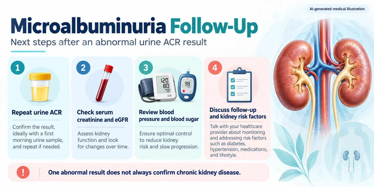 AI-generated medical infographic explaining follow-up after a high urine ACR result, including repeat urine testing, serum creatinine and eGFR assessment, blood pressure and blood sugar review, and medical follow-up.