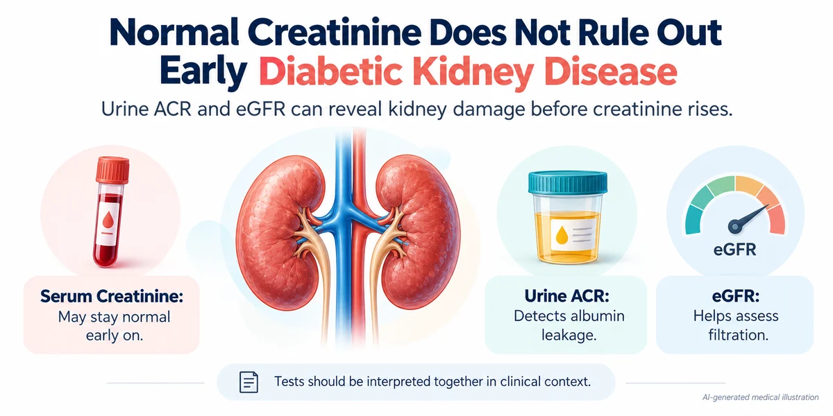 AI-generated medical infographic explaining how early diabetic kidney disease can occur with normal creatinine, showing the role of urine ACR in detecting albumin leakage and eGFR in assessing kidney filtration.